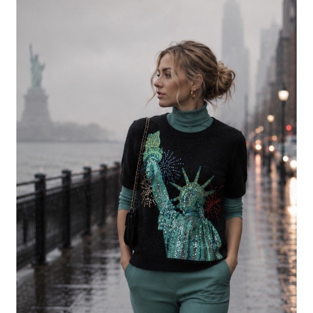 Michael Simon Sweater Large Sequin Statue of Liberty Fireworks Patriotic USA NWT